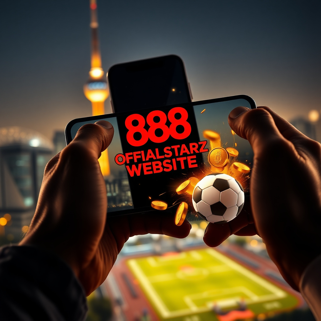 A hand holding a high-end smartphone with the 888starz app, the screen shows the exact text \